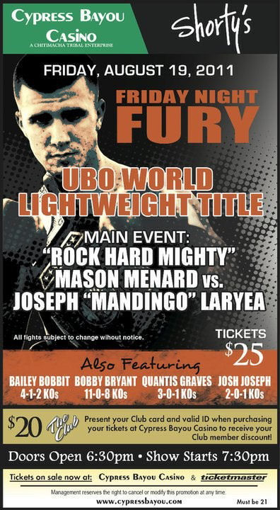 Friday Night Fury: Mason Menard vs. Joseph Laryea for the UBO World Lightweight Title August 19